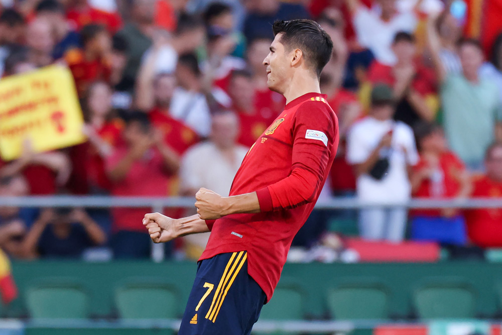 02 June 2022, Spain, Seville: Spain's Alvaro Morata celebrates scoring his side's first goal during the UEFA Nations League group B soccer match between Spain and Portugal at Estadio Benito Villamarin. Photo: Jose Luis Contreras/DAX via ZUMA Press Wire/dpa.
