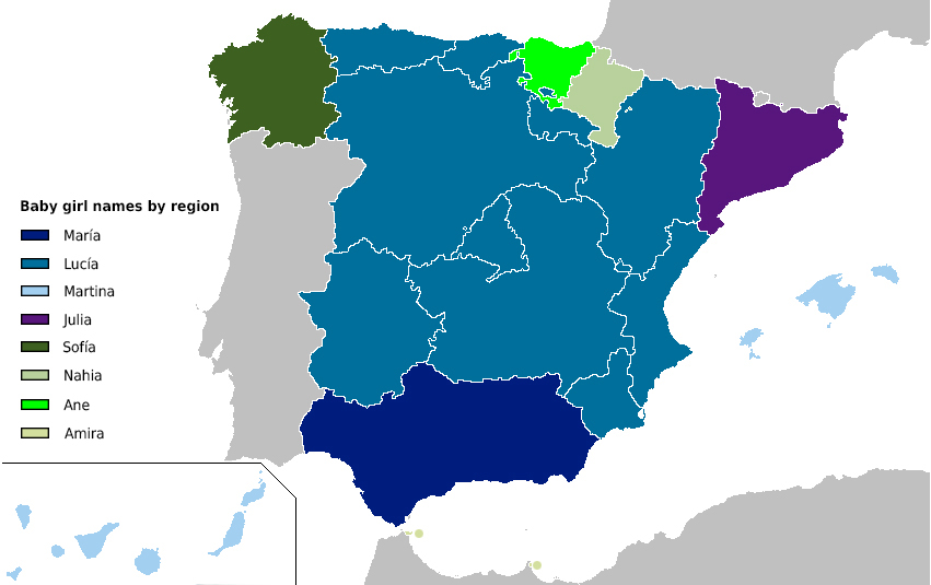 The most popular given names for baby girls in Spain in 2021, by region. Source: INE. Image: Pablo Morilla/Fobos92 under Creative Commons.